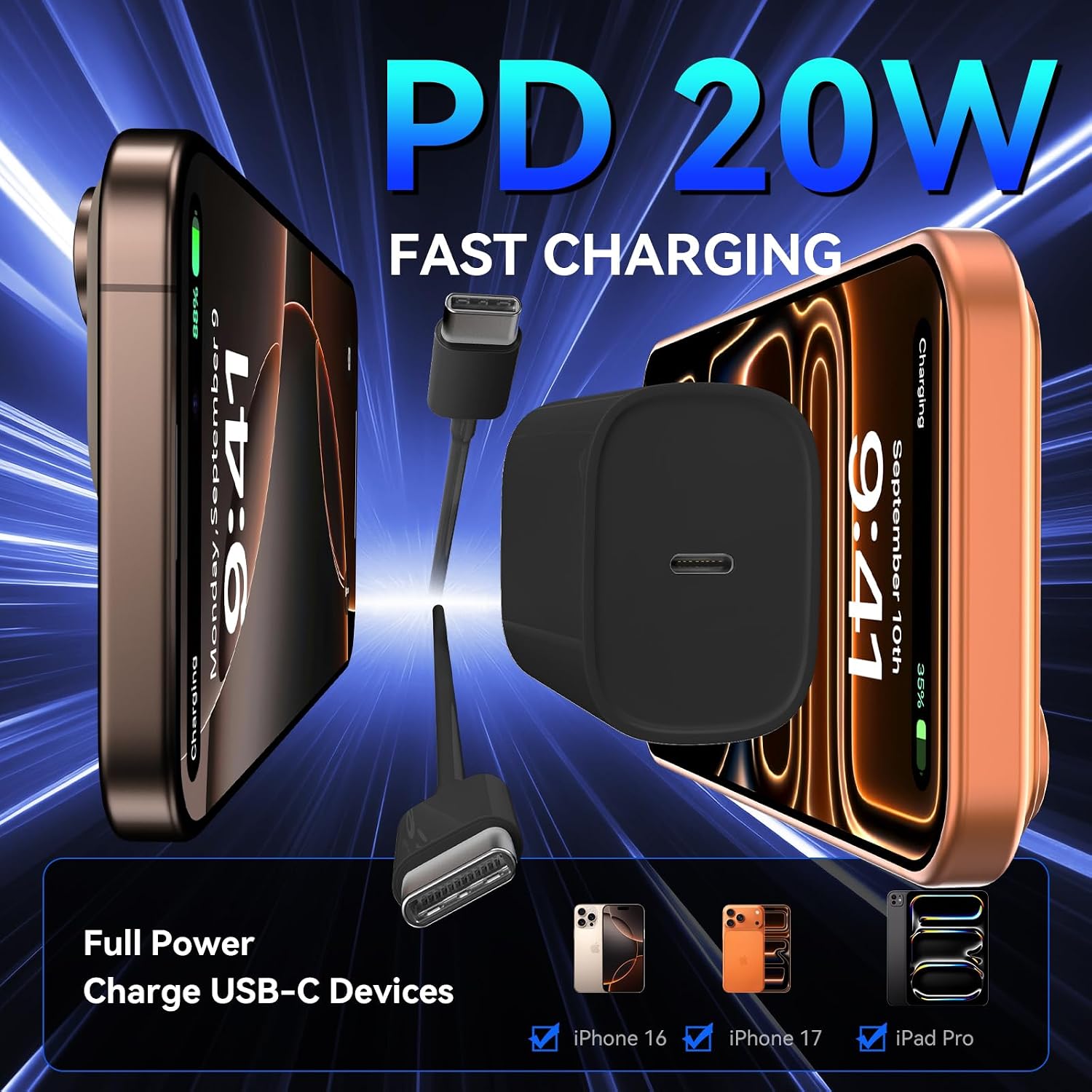 Detalle 2 de Phone 17, 16, 15 Pro Charger Fast Charging — 20W USB-C Charger with 10ft Cable (2-Pack)