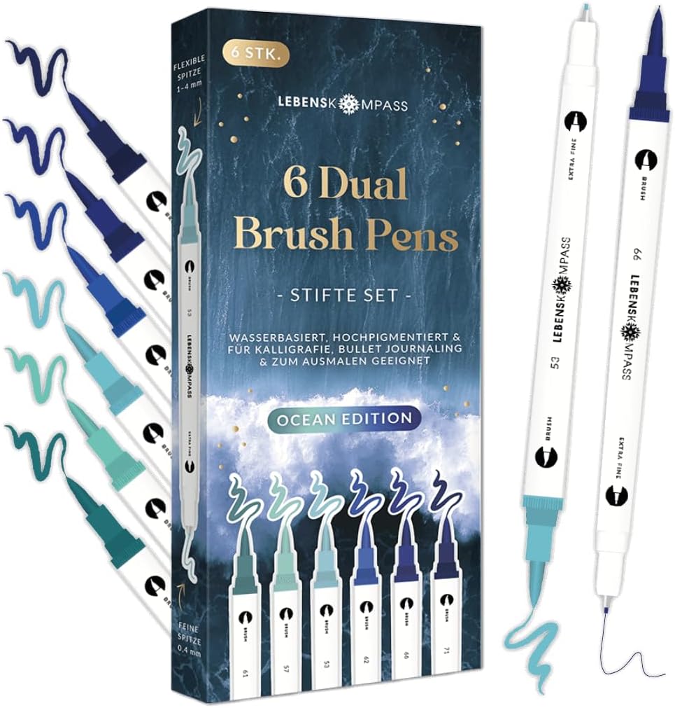 Detalle de LEBENSKOMPASS® Brush Pen Set Pastel – 6 Pastell-Stiftsets für Handlettering, Ausmalen & Bullet Journal (Dual Tip)