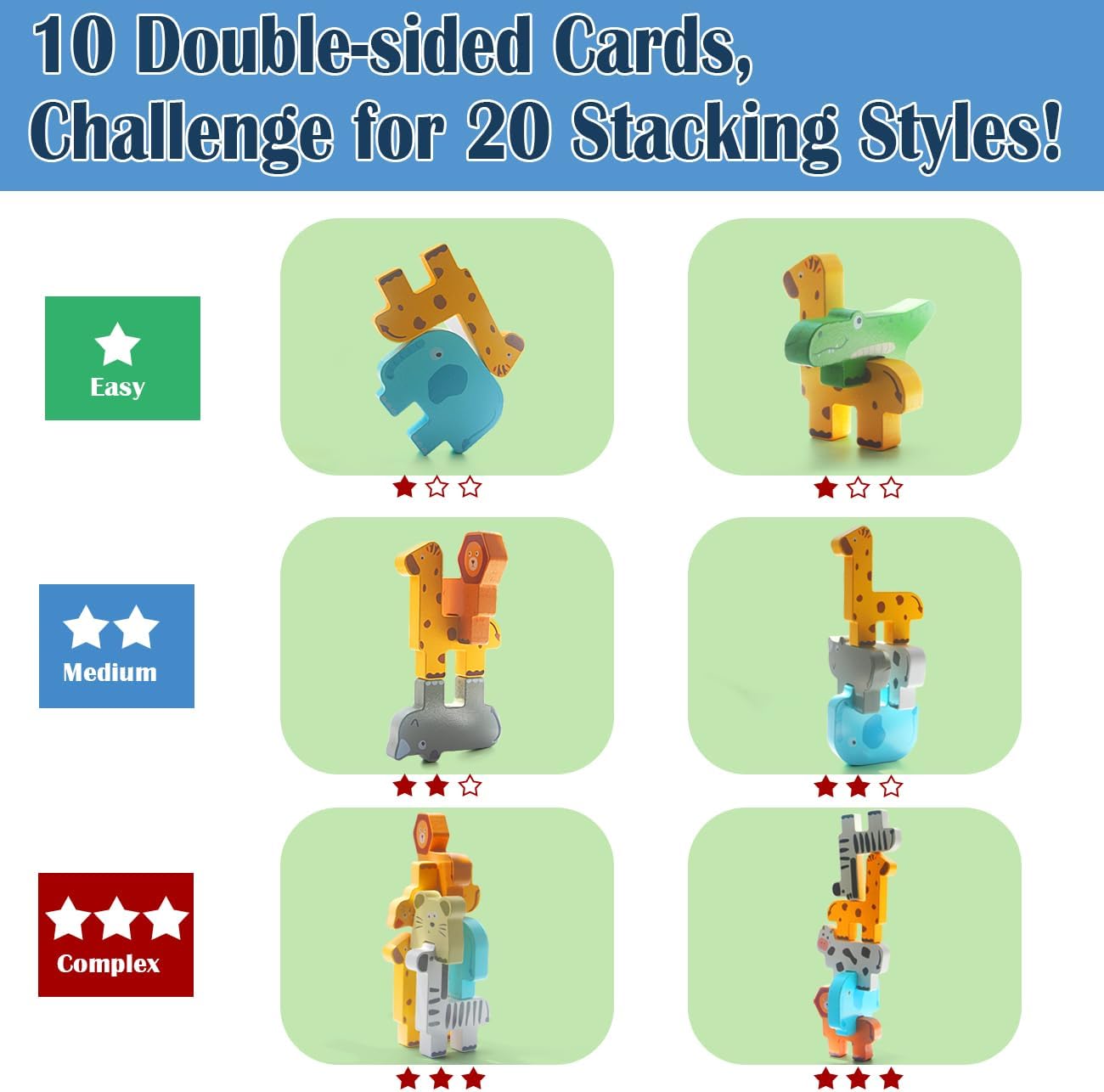 Thumbnail 3 de NINGSTEL Montessori animal wooden stacking blocks set (18+ months) with challenge cards & storage bag