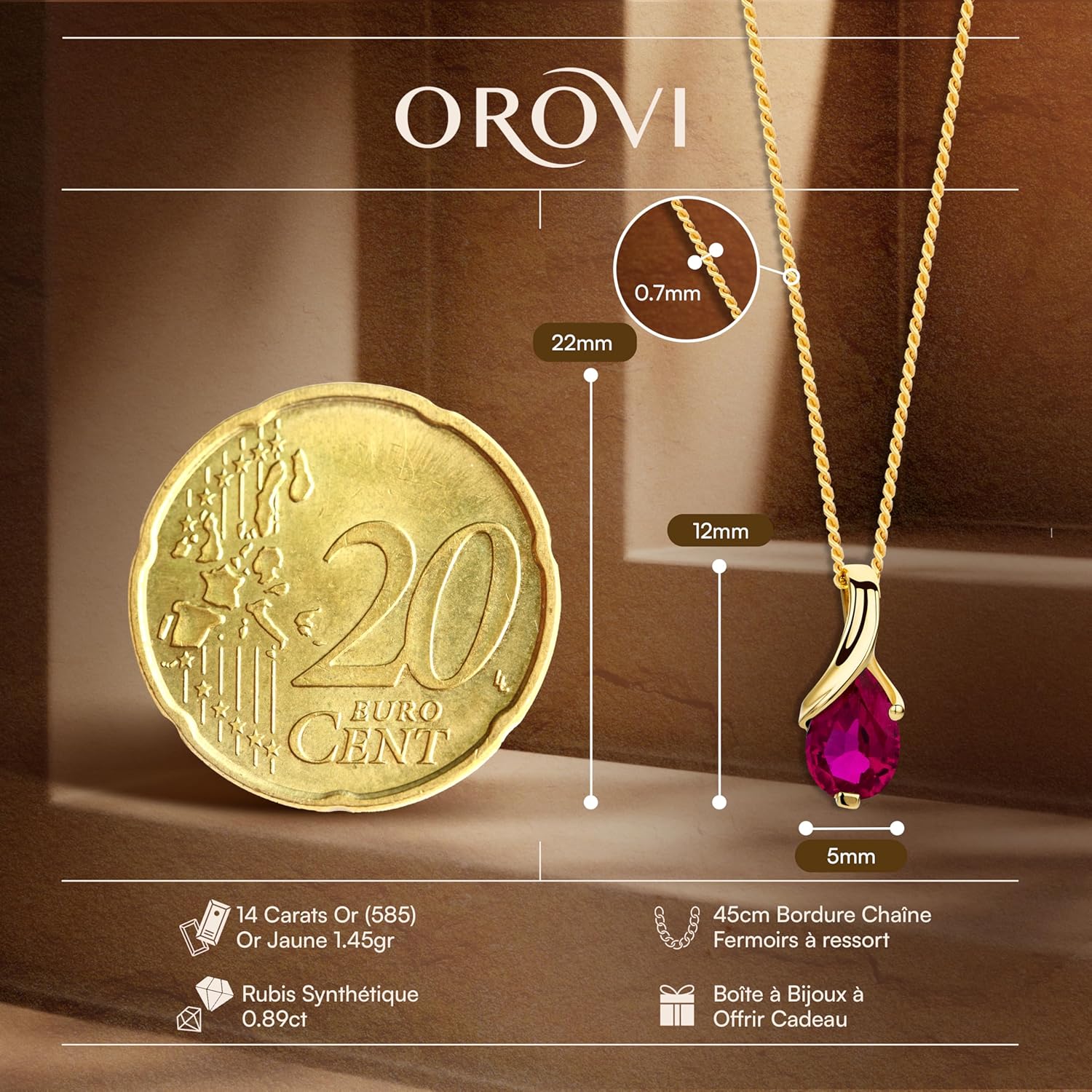 Thumbnail 1 de Orovi Collier femme en or jaune 14 carats (585) avec pendentif goutte et rubis