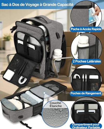Detalle de KLOSTAIN Sac à Dos Voyage Cabine Avion 45x36x20 - 30L pour EasyJet, Noir Gris Mélangé, ordinateur 14 pouces