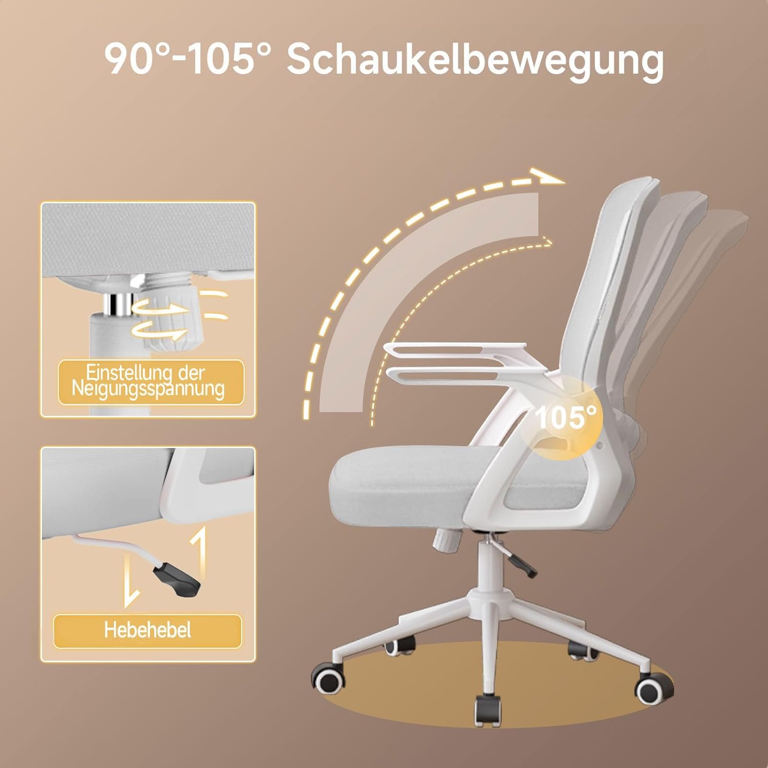 Detalle de nasPaluro Ergonomischer Bürostuhl mit Mesh-Rückenlehne – höhenverstellbar, 90° klappbare Armlehnen, grau