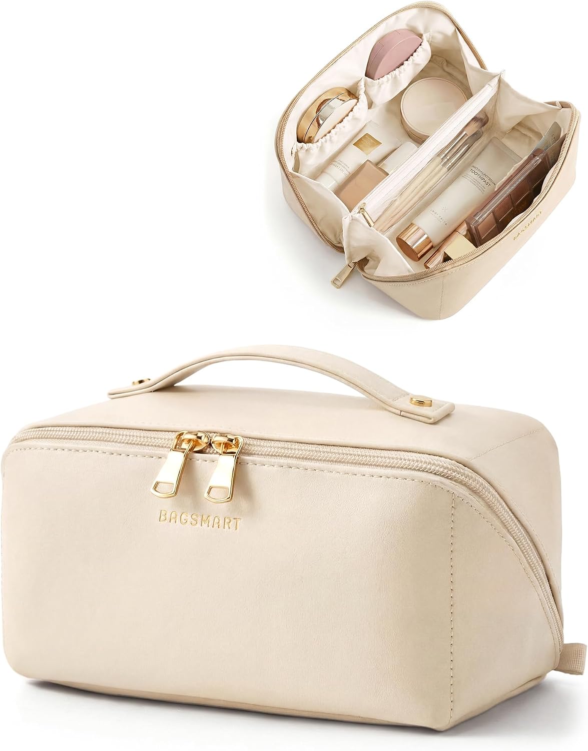 Detalle de BAGSMART Travel Makeup Bag (Flat Lay) PU Leather Cosmetic Organiser with Clear Pocket — Beige