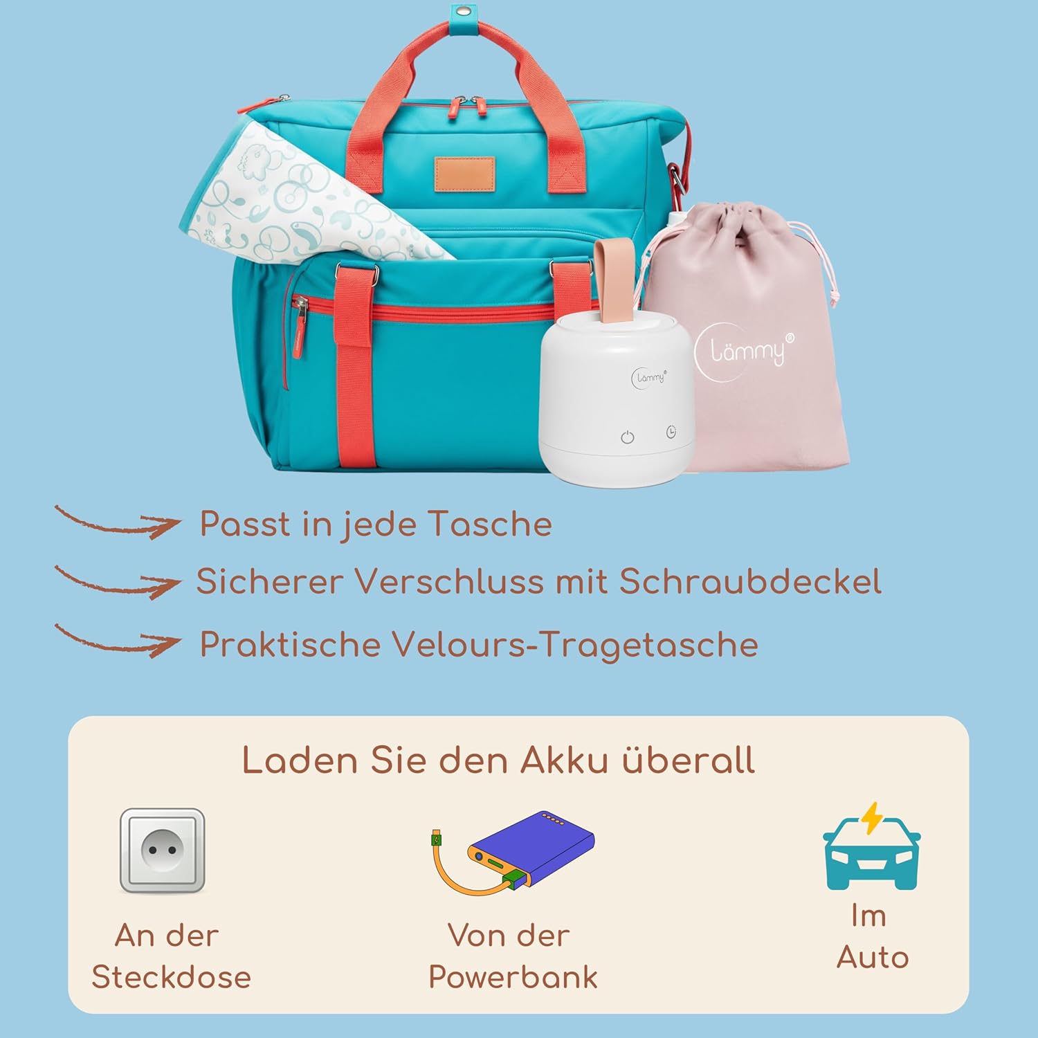 Detalle de lämmy Flaschenwärmer Baby unterwegs – akkubetriebener, tragbarer Wärmer für Flaschen