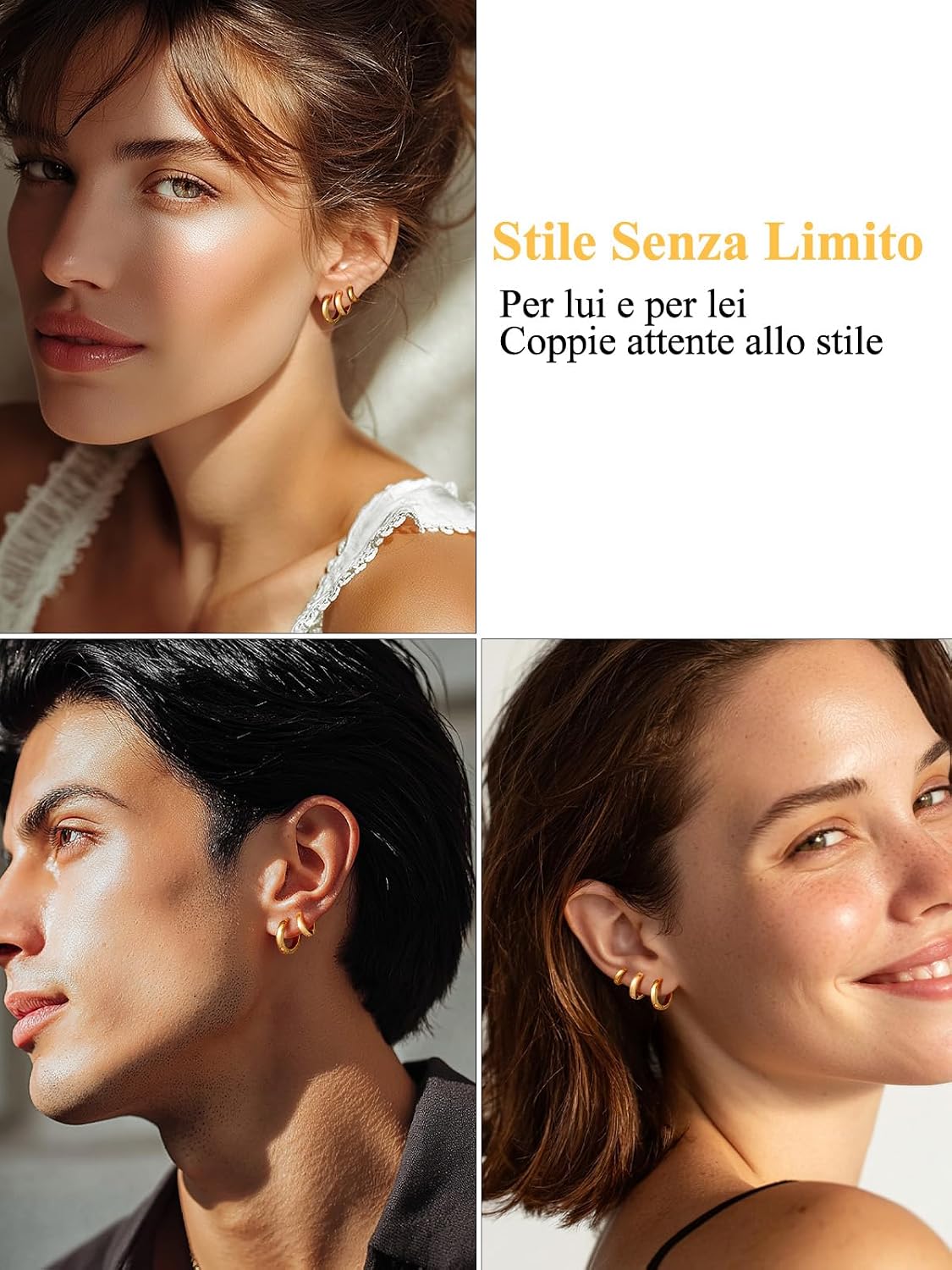 Detalle 2 de U7 set orecchini cerchio huggie da uomo e donna: 3 paia in acciaio inox, diametri 7/9/12 mm (argento/oro/nero)