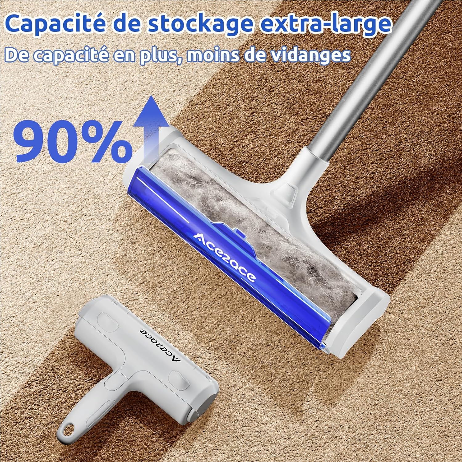 Thumbnail 4 de ACE2ACE Brosse Tapis anti-poils pour tapis et carpettes, manche réglable jusqu’à 1,5 m (bleu)