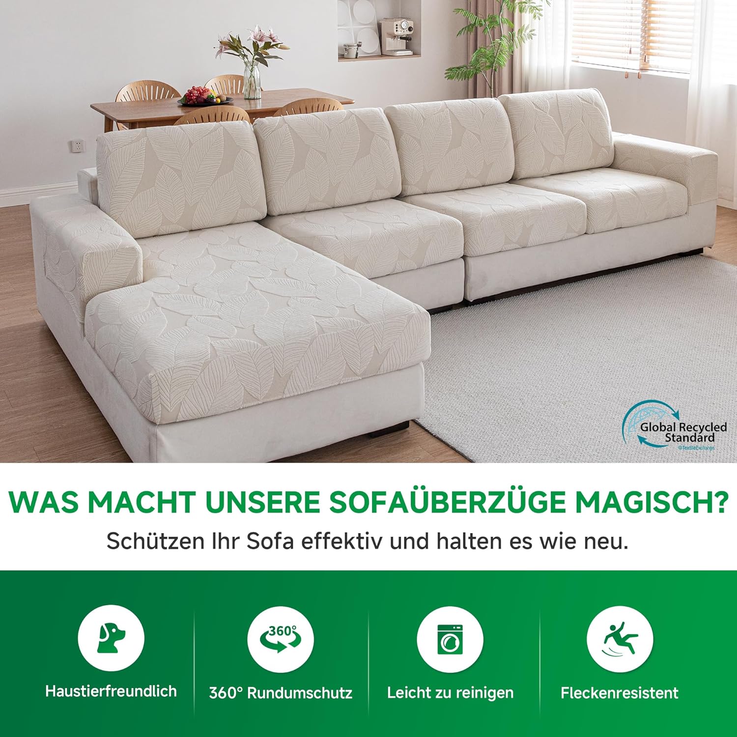 Thumbnail 4 de OHSIO Sofa Überzug – universeller elastischer Sofabezug für Sitzkissen, rutschfest & waschbar (Elfenbein/Blattmuster)
