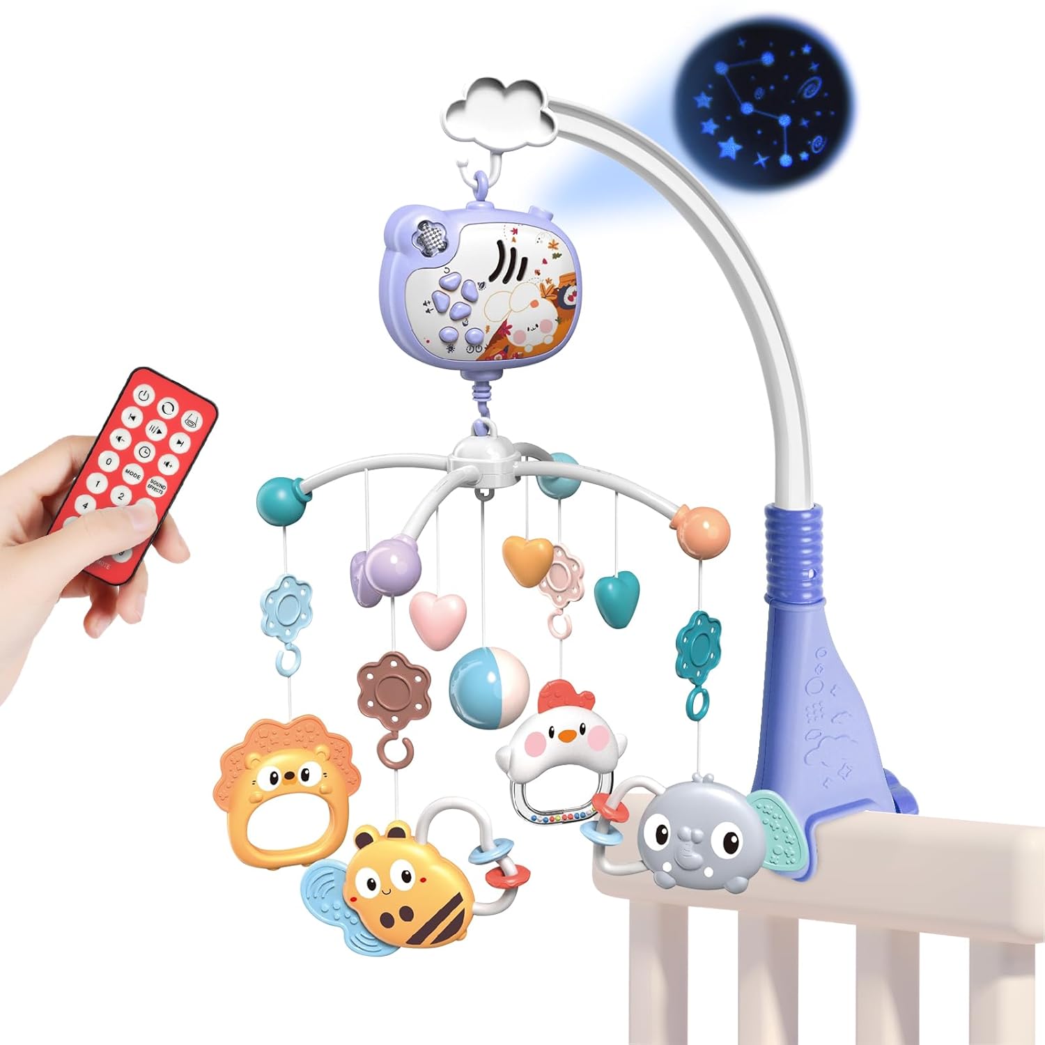 Aolso Babybett-Spielzeug: Mobile fürs Babybett mit Musik, Lichtern, Projektion und Fernbedienung (Kaninchenprojektion-Blau)