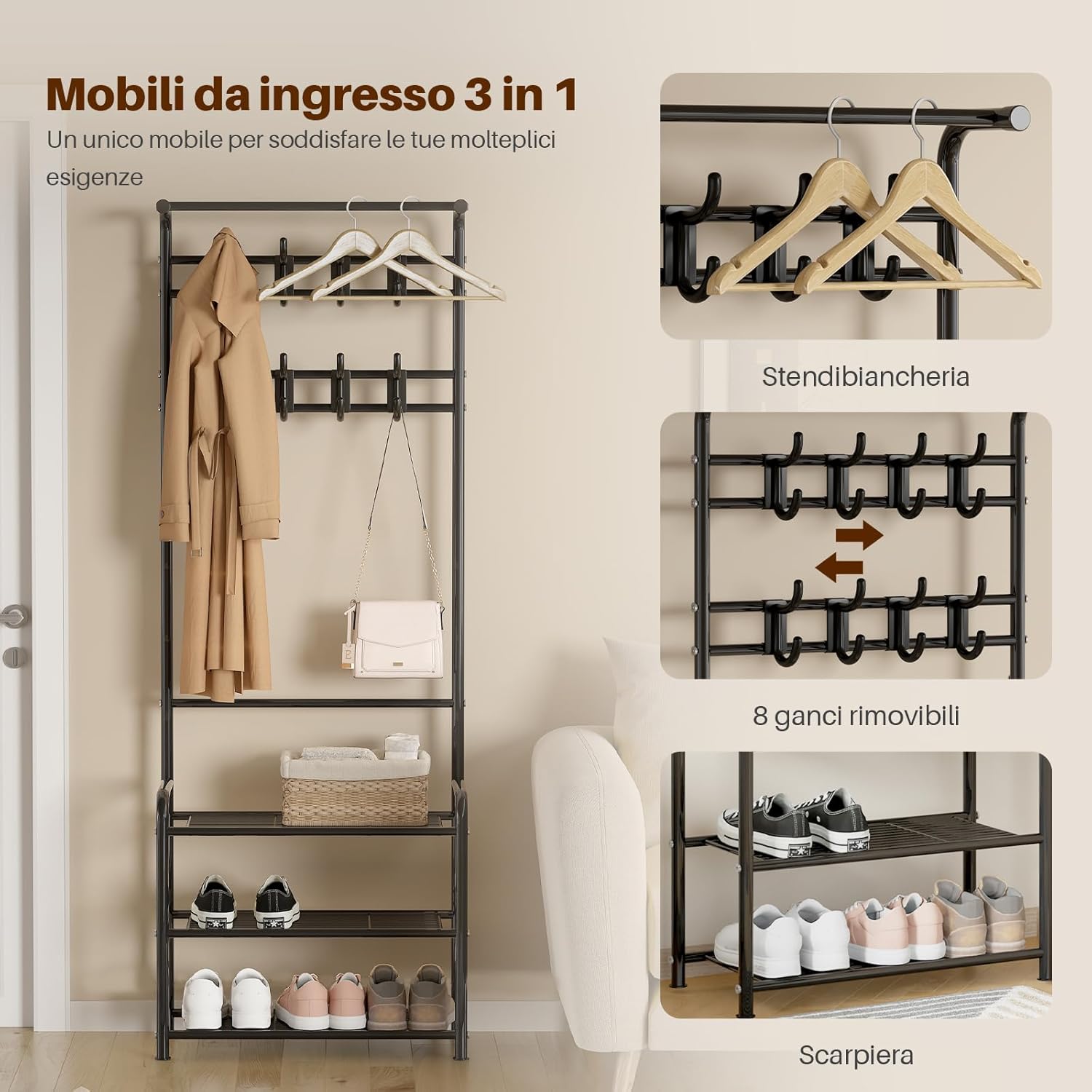 Thumbnail 2 de Innotic Appendiabiti con Scarpiera 3 in 1 — Stabile, Salvaspazio Nero