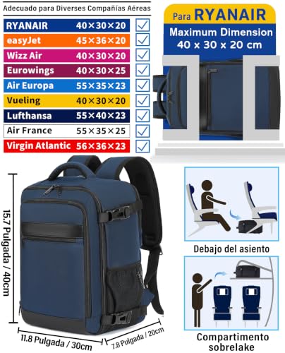 Detalle de KLOSTAIN Mochila de cabina 24L 40x30x20 cm | Azul oscuro para Ryanair y más
