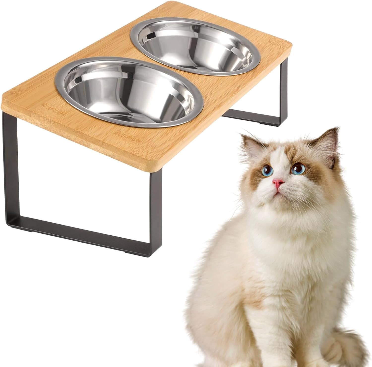 Detalle de Elevated Cat Food Bowls 15° Tilted Stainless Steel Raised Feeding Bowls with Wooden Stand