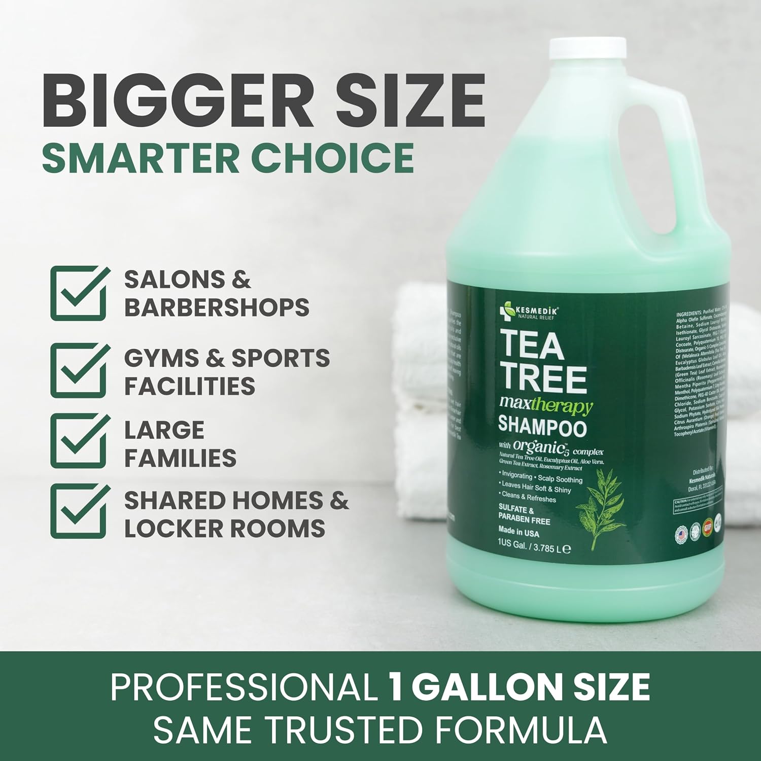 Detalle de KESMEDIK Tea Tree Shampoo Refill, 128 fl oz (1 Gallon) – Clarifying Deep Clean for Buildup, Dandruff & Flakes
