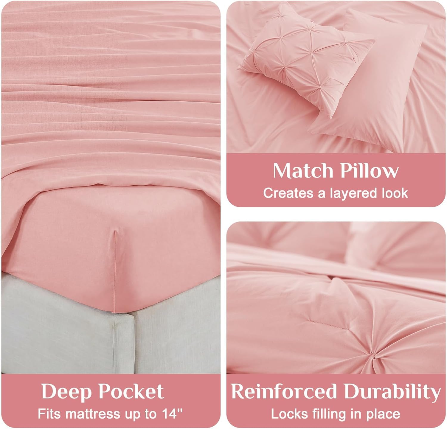 Thumbnail 4 de JOLLYVOGUE Queen Comforter Set (7-Piece) with Pintuck Microfiber Bedding, Pink