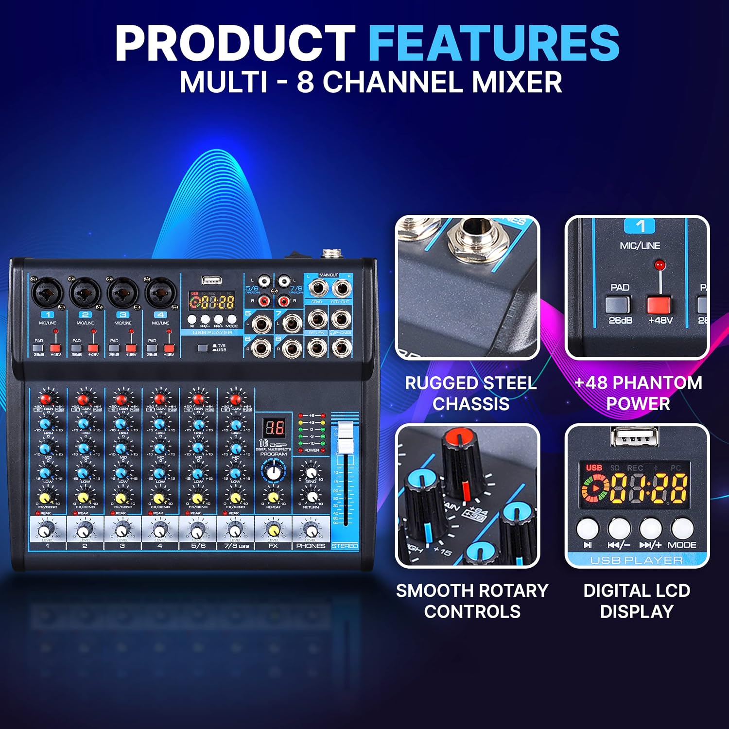 Detalle 2 de Pyle PMXU83BT.5 8-Channel Bluetooth Studio Mixer with USB Recording and DSP FX