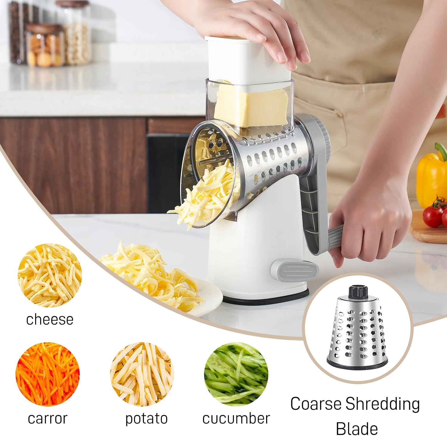 Detalle 1 de Weltonhm Rotary Cheese Grater with 4 Stainless Steel Blades