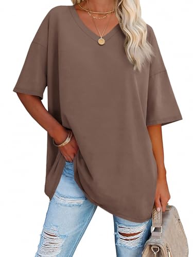 Detalle de Ebifin T-shirt oversized femme – col en V, taille L, marron foncé