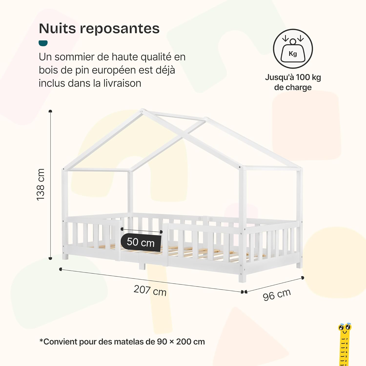 Thumbnail 1 de [en.casa] Lit d'enfant Design en Forme Maison avec Grille de Protection – Pin massif et contreplaqué, 200 x 90 cm, Blanc Mat