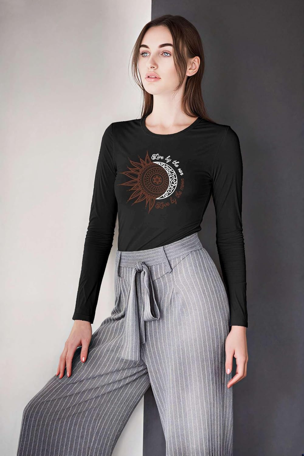 Detalle de Teesho Damenblusen Sommer Shirt – Luftiger Bio-Stoff, V-Ausschnitt, Langarm mit Druck