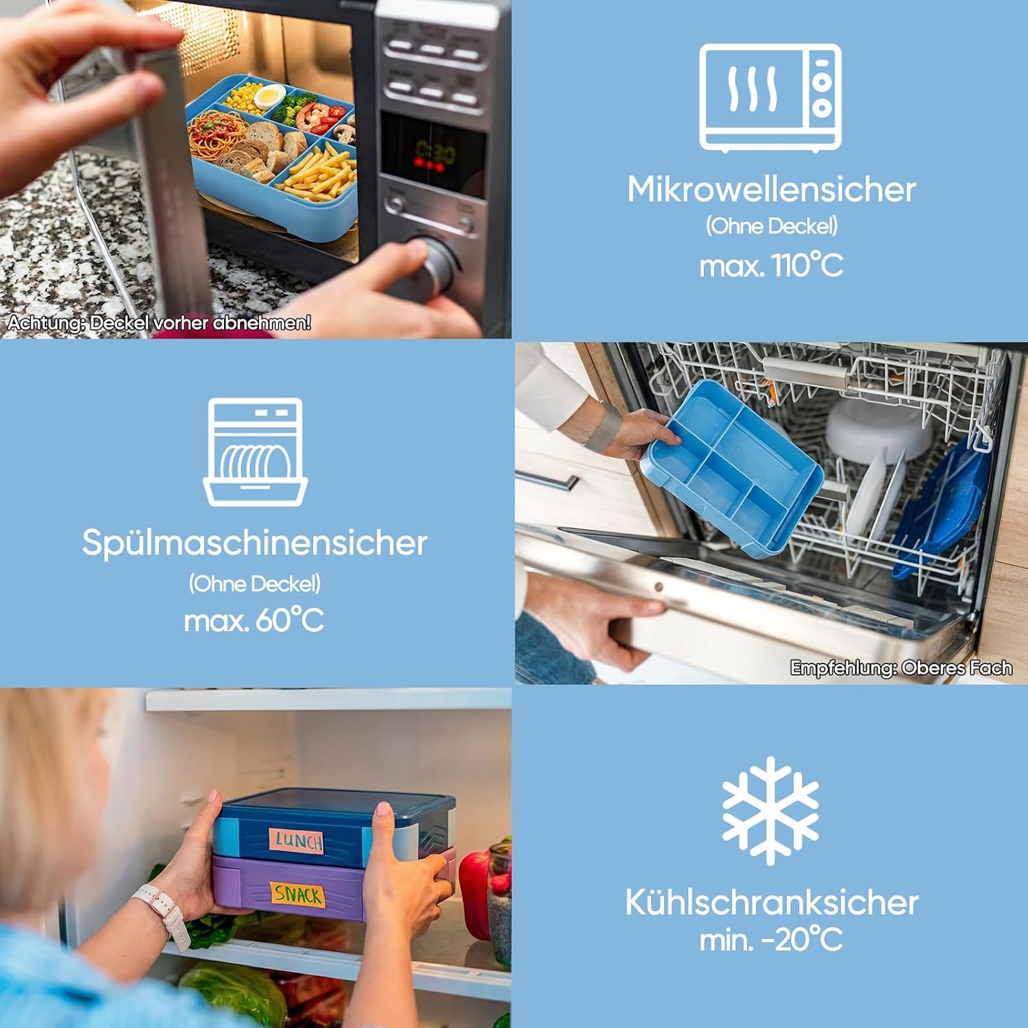 Detalle de BIBURY Brotdose Kinder mit 5 Fächern und Saucenbox, auslaufsicher (1300 ml), BPA-frei, 340 g