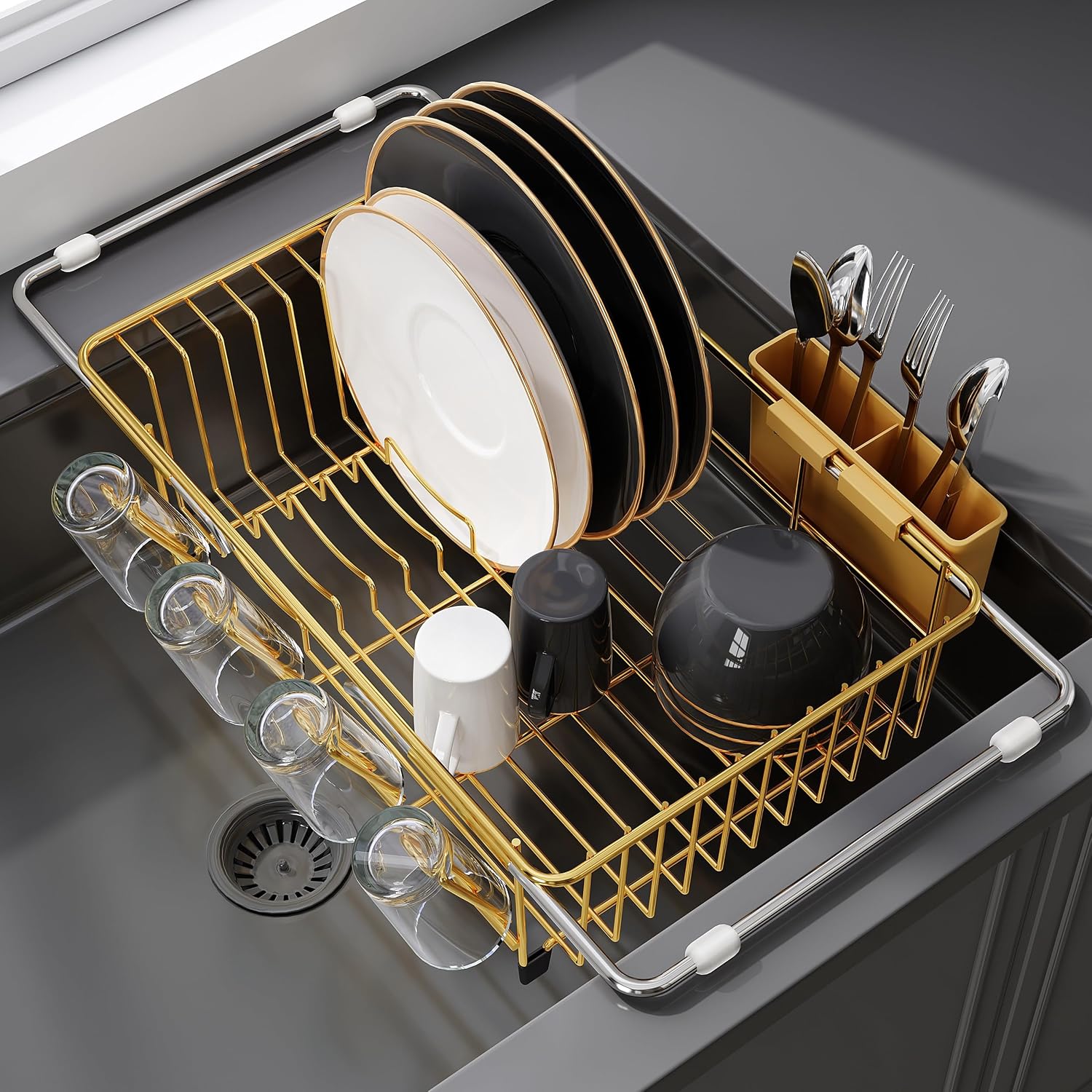 Detalle de JASIWAY 701G Gold Over-the-Sink Dish Drying Rack, Expandable Stainless Steel