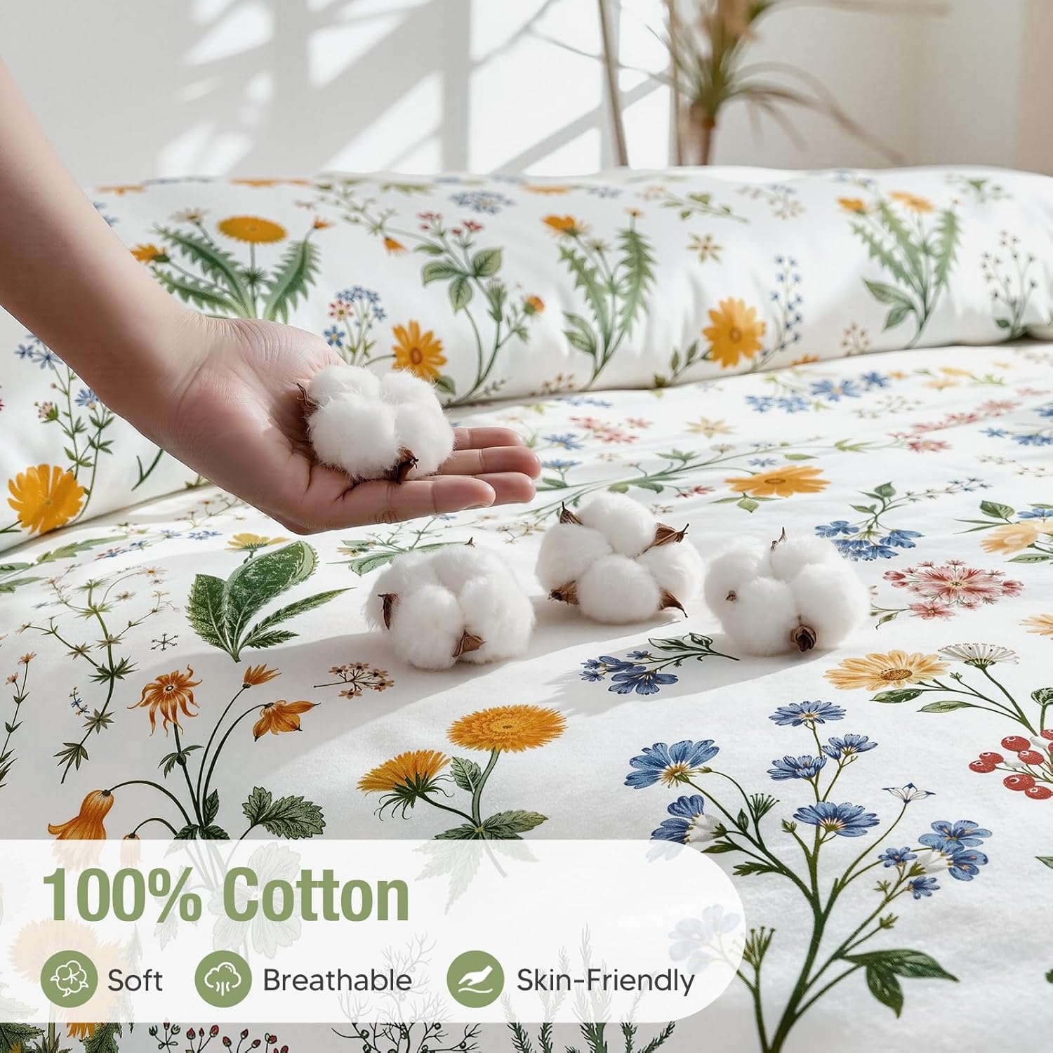 Thumbnail 2 de Lekesky 200 Thread Count Cotton Super King Duvet Set with Floral Green Pattern