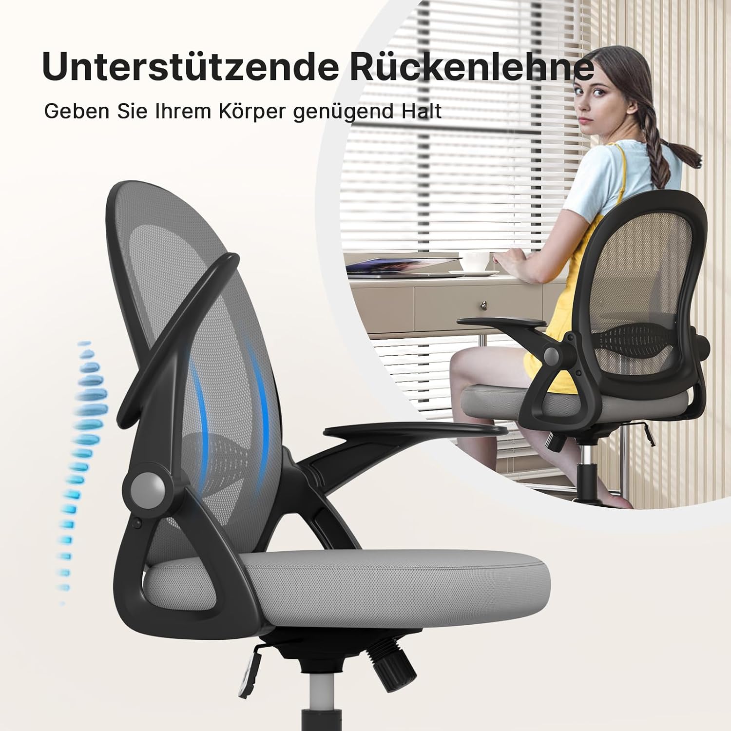 Detalle 2 de rattantree Ergonomischer Bürostuhl – atmungsaktive Netz-Rückenlehne, verstellbar, Armlehnen klappbar, Dunkelgrau