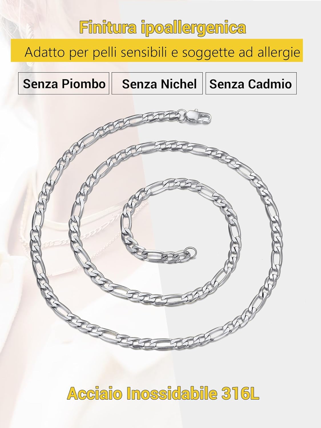 Thumbnail 2 de PROSTEEL Collana Catena Semplice da Uomo a Modello Maglia Figaro 3+1, 4/6/9/13 mm – Acciaio inox 316L, due tonalità