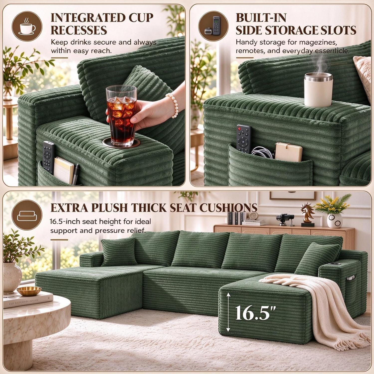 Detalle de Yomsum SF2650-Green134 134-Inch U-Shaped Modular Sectional Sofa