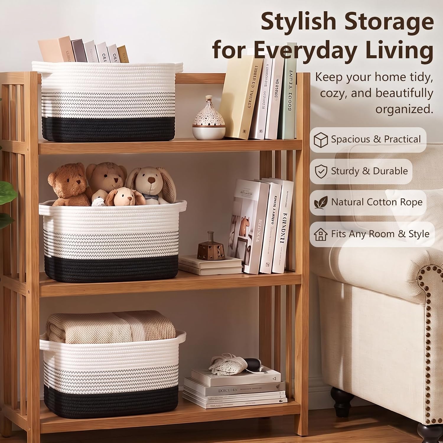 Thumbnail 6 de OIASKET MSAN39P3 Woven Cotton Storage Baskets, 3-Pack, Gradient Black