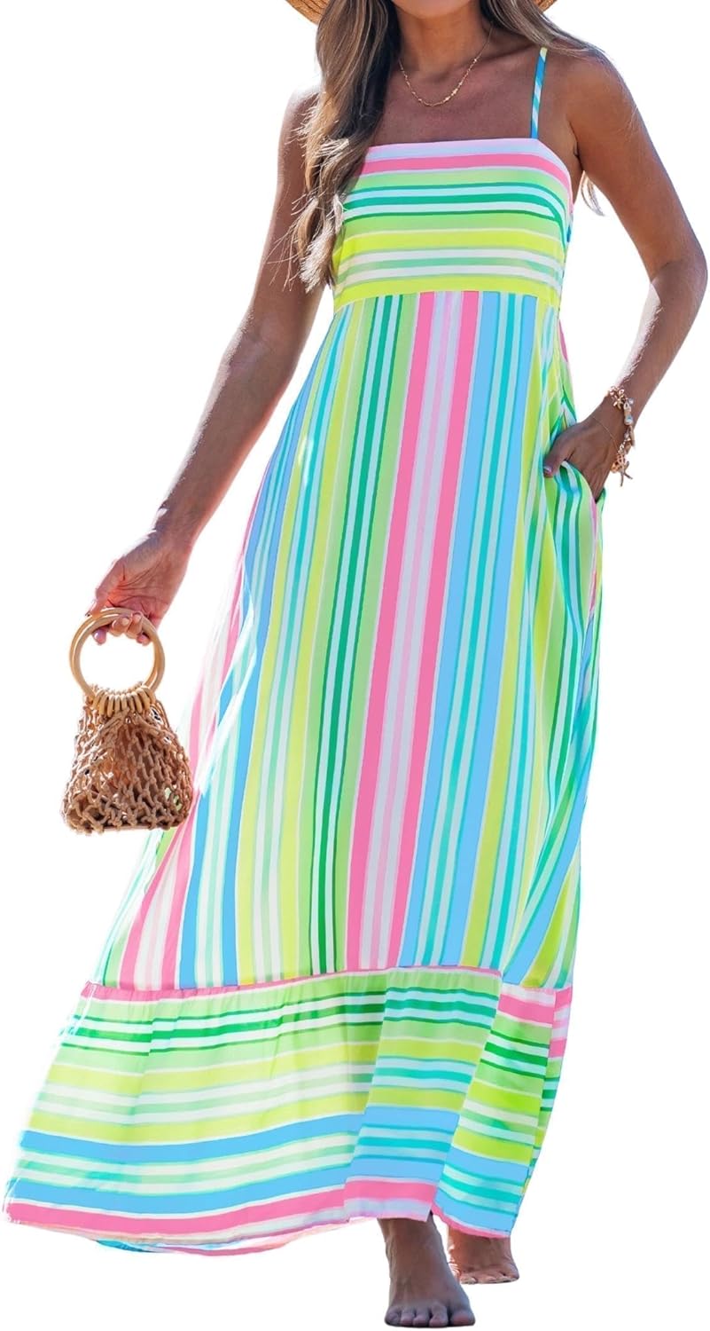 Detalle de Popvil Women Summer Maxi Dress 2026 - Boho Spaghetti Strap A-Line Beach Dress