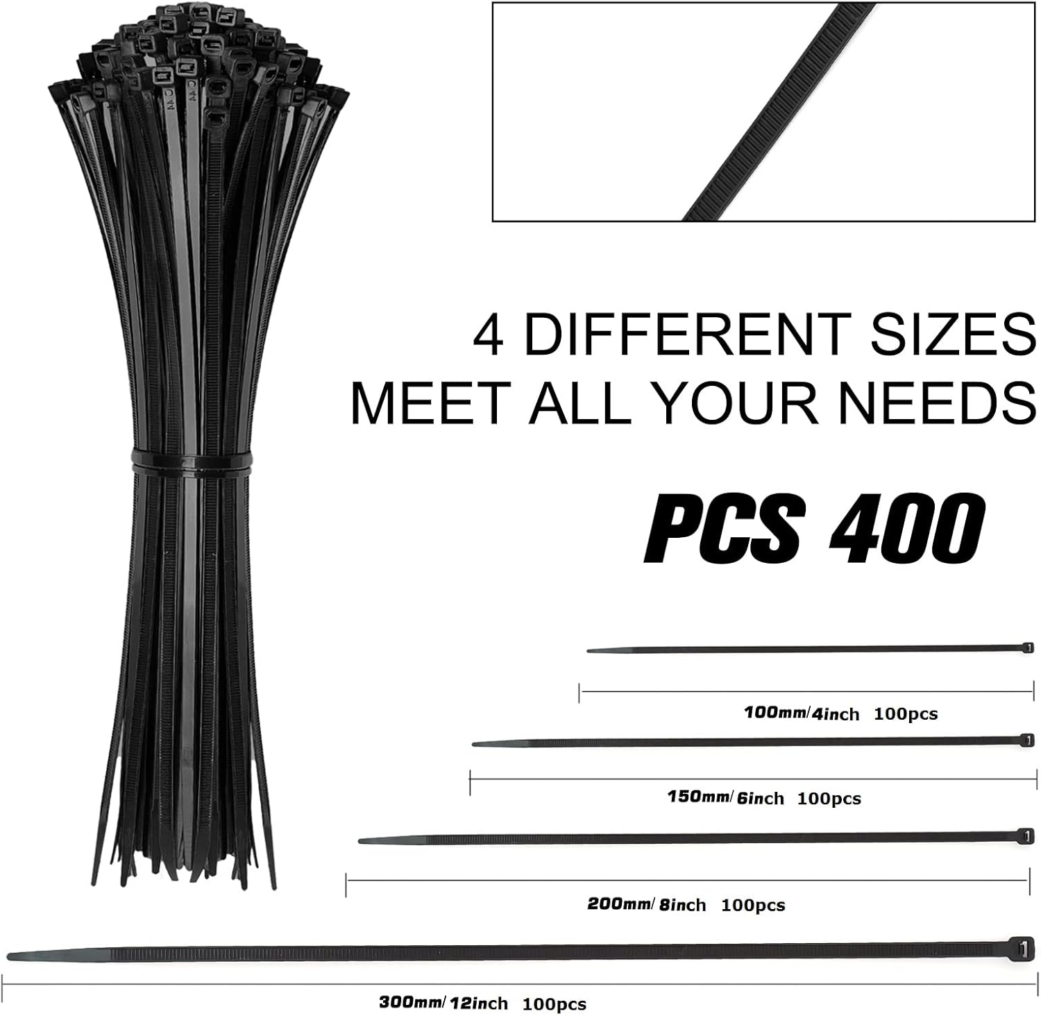 Thumbnail 1 de HAVE ME TD Cable Zip Ties 400 Pack – Assorted 4, 6, 8, 12 Inch, Self-Locking Nylon