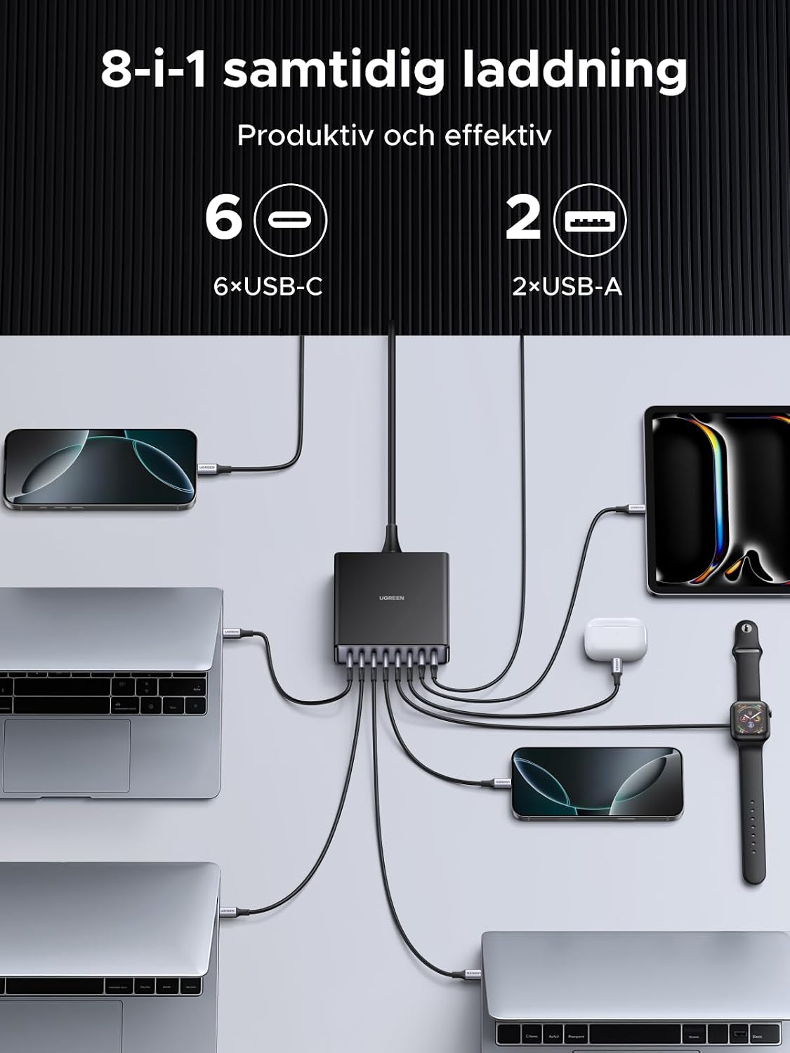 Detalle 2 de UGREEN USB-C-laddare 200W med 8 portar och upp till 100W via USB-C