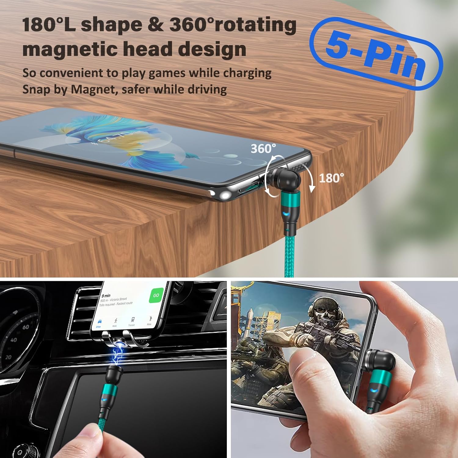 Thumbnail 3 de TUNKIA 5Pin Magnet Ladekabel (3-in-1) 4er-Set mit drehbarem Magnetkopf, 0,5–3 m – grün