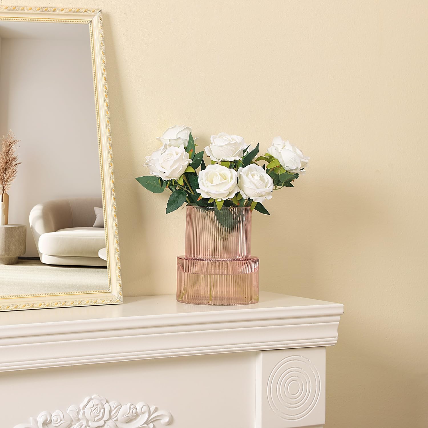 Detalle de KAYLETIN KAYLETIN roze glazen bloemenvaas, geribbeld, 18 cm