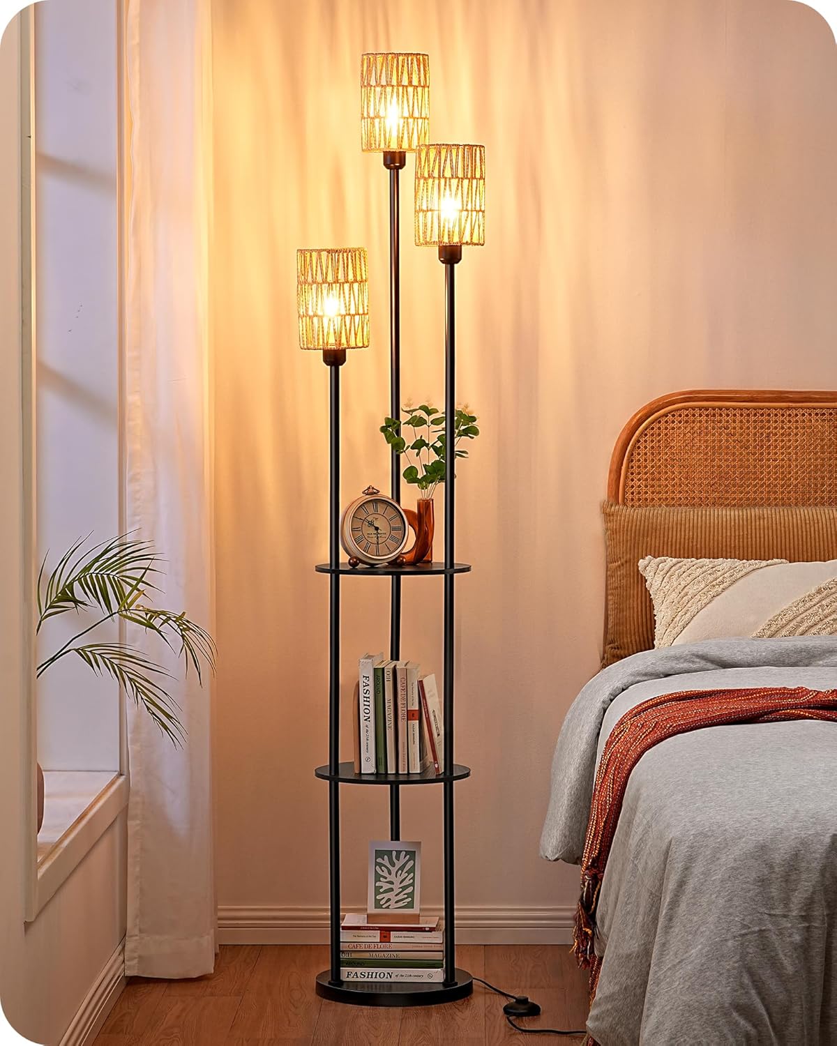 Thumbnail 6 de EDISHINE Lampada da Terra Boho Vintage con Mensola e Ripiano – Piantana 3 Luci E27