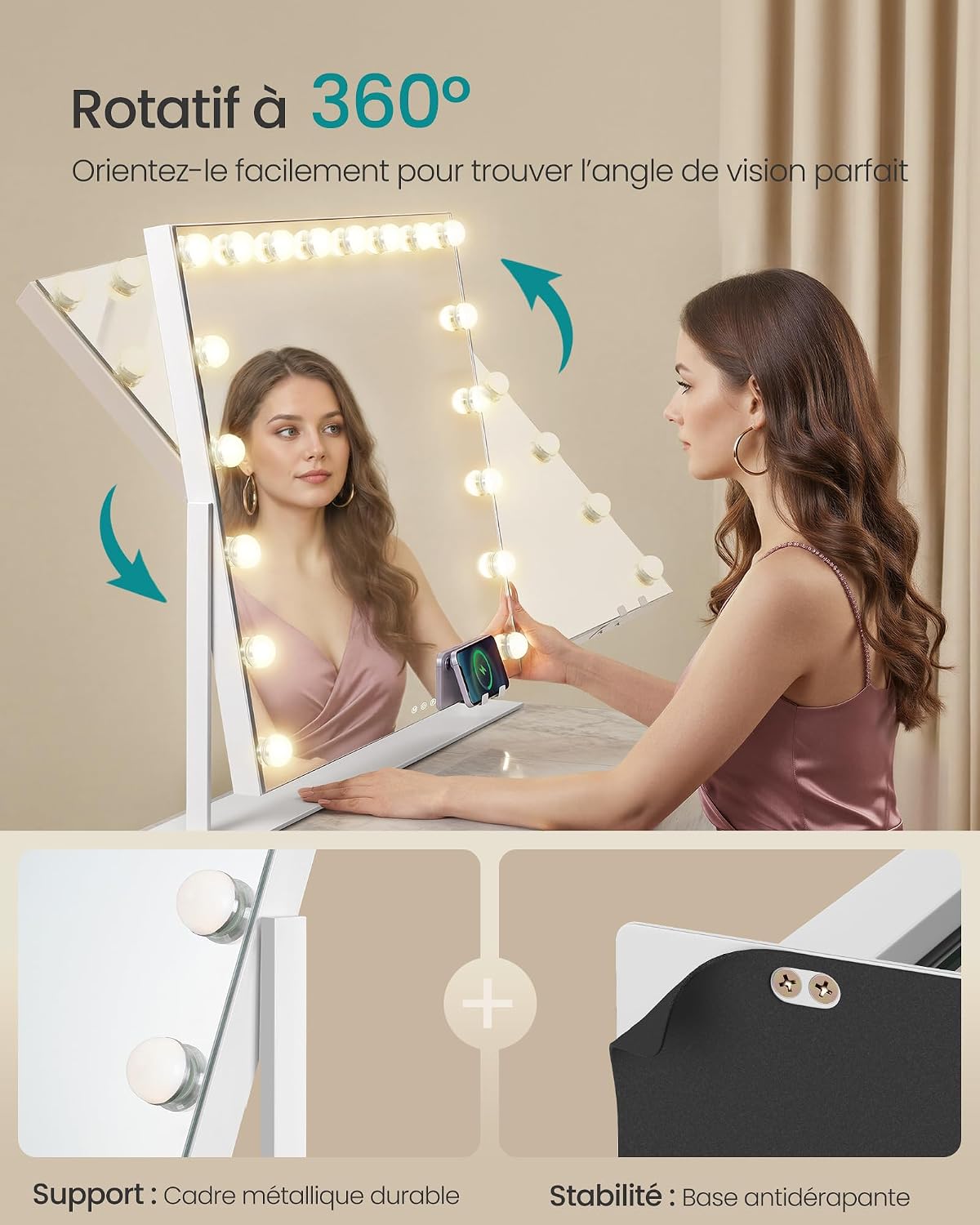 Detalle 2 de SONGMICS LWM003WC02 miroir de maquillage 80 x 60 cm 💄