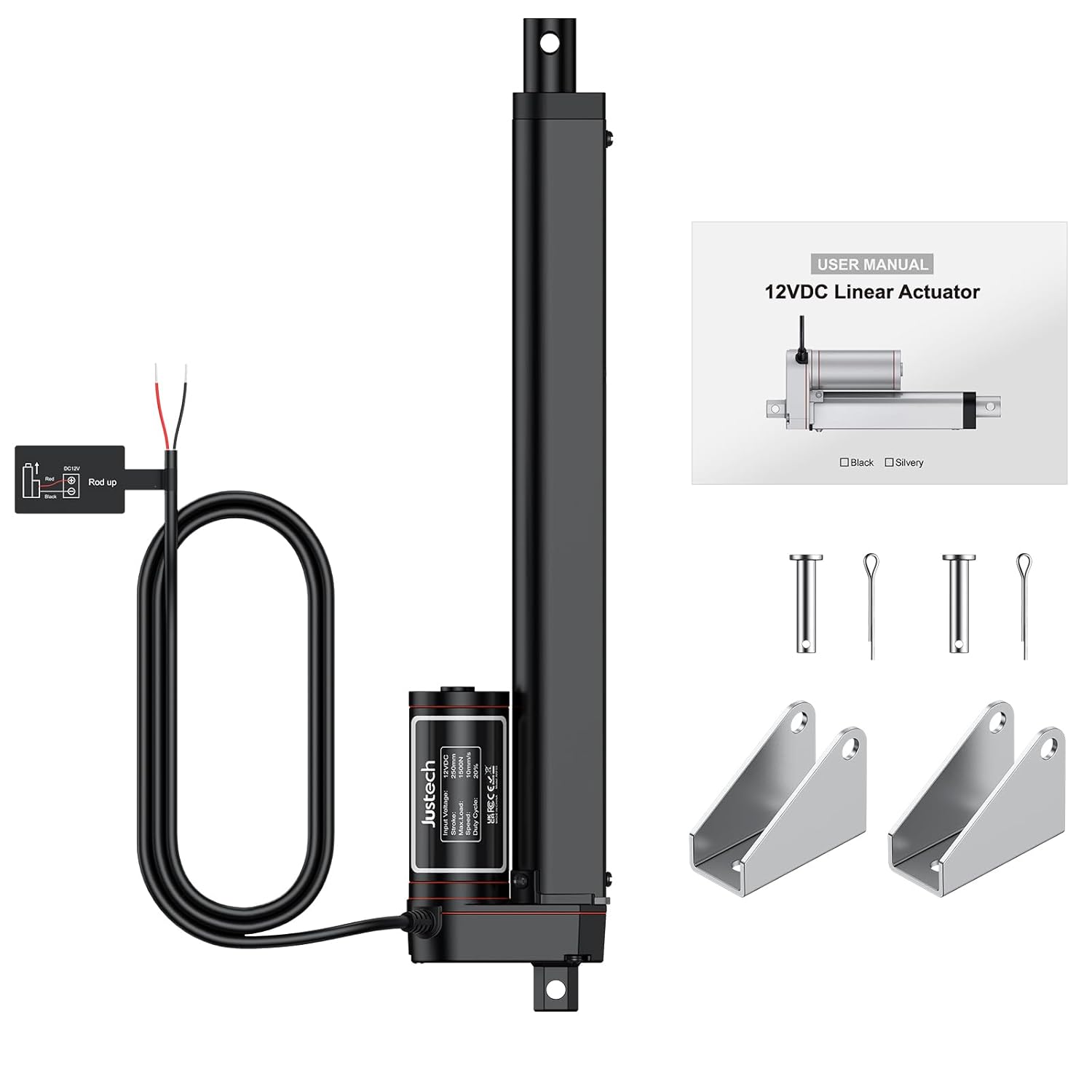 Thumbnail 6 de Justech Heavy Duty DC 12V Linear Actuator Motor 250mm (3000N) with Mounting Brackets – Black