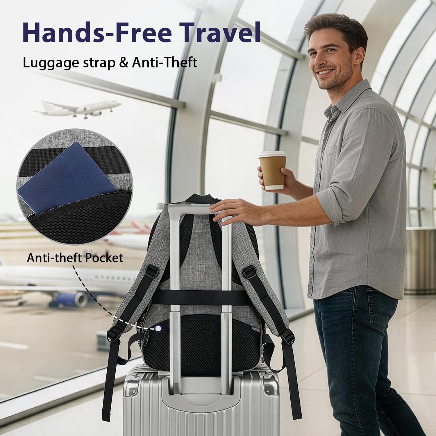 Detalle 2 de MATEIN Sac à dos pour ordinateur portable 17 pouces avec port USB et sangle bagage, gris
