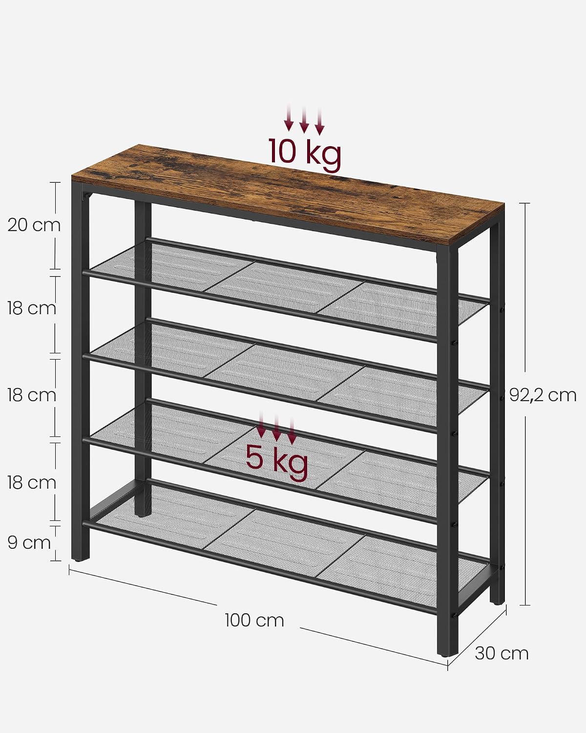 Detalle 1 de VASAGLE LBS15BX Dacey Shoe Rack, 4 Mesh Shelves, Rustic Brown and Black