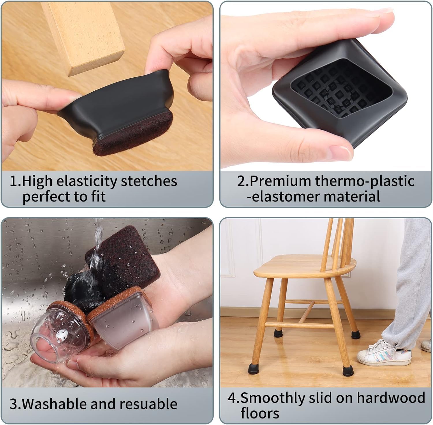 Detalle de Ezprotekt 2 inch Square-Black Non-woven Fabric Chair Leg Caps – Smooth Moving Protectors for Hard Floors