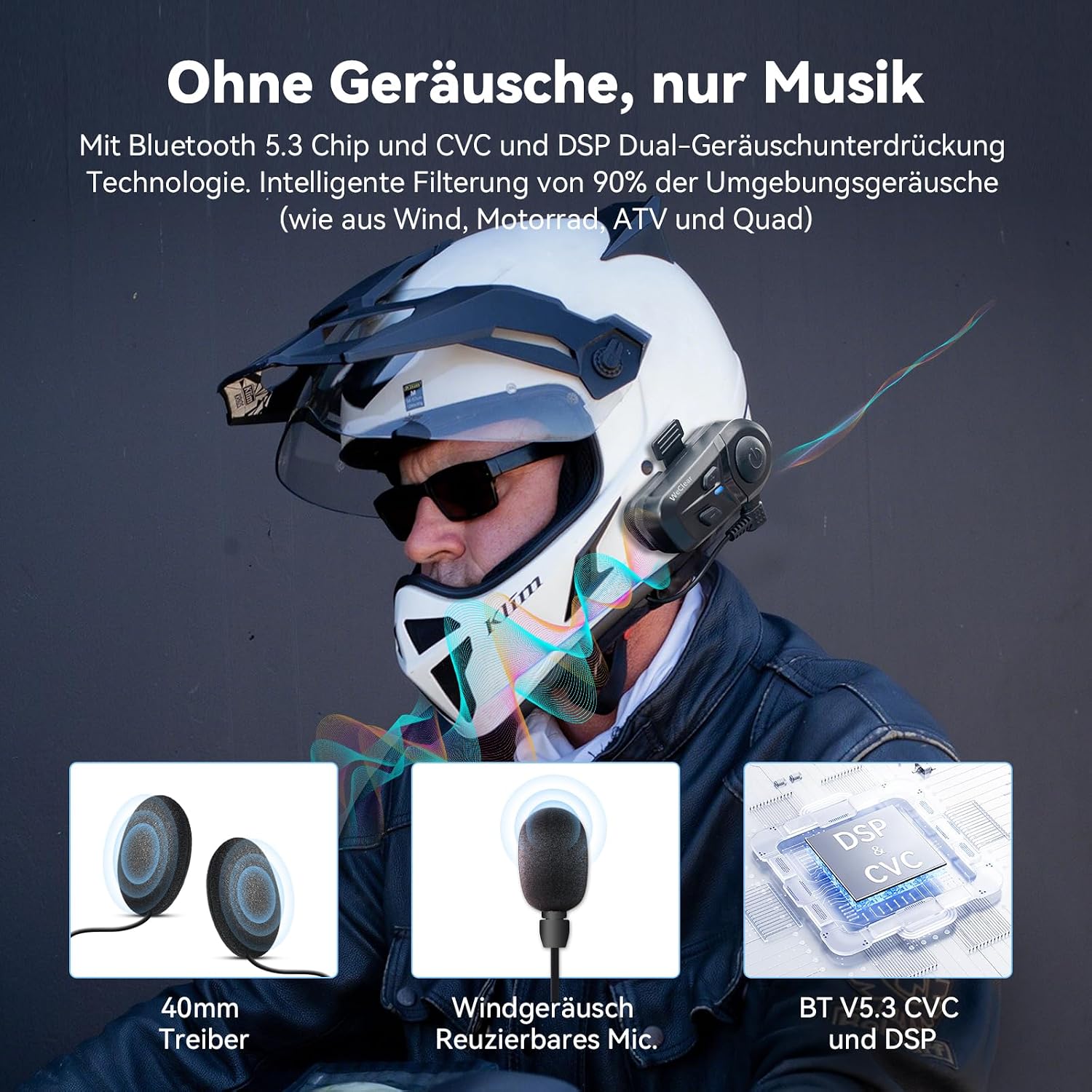 Detalle de WeClear L1 Motorradhelm Headset (Bluetooth 5.3) ohne Intercom, 40-mm HiFi-Lautsprecher, IP67