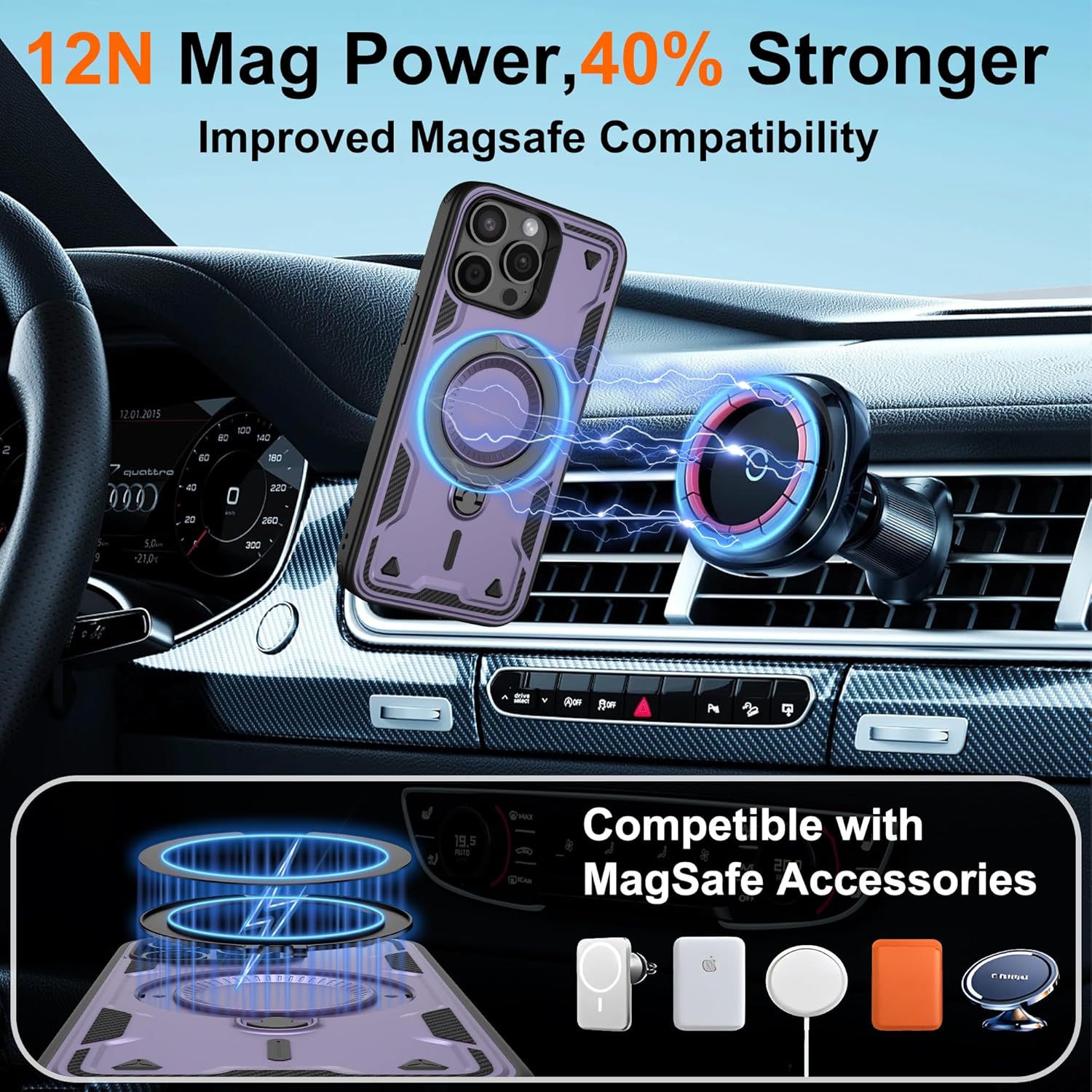 Thumbnail 3 de Jshru 3 in 1 Magnetic iPhone 15 Pro Max Case (Purple) with Built-in Stand and 2-Pack HD Screen Protectors