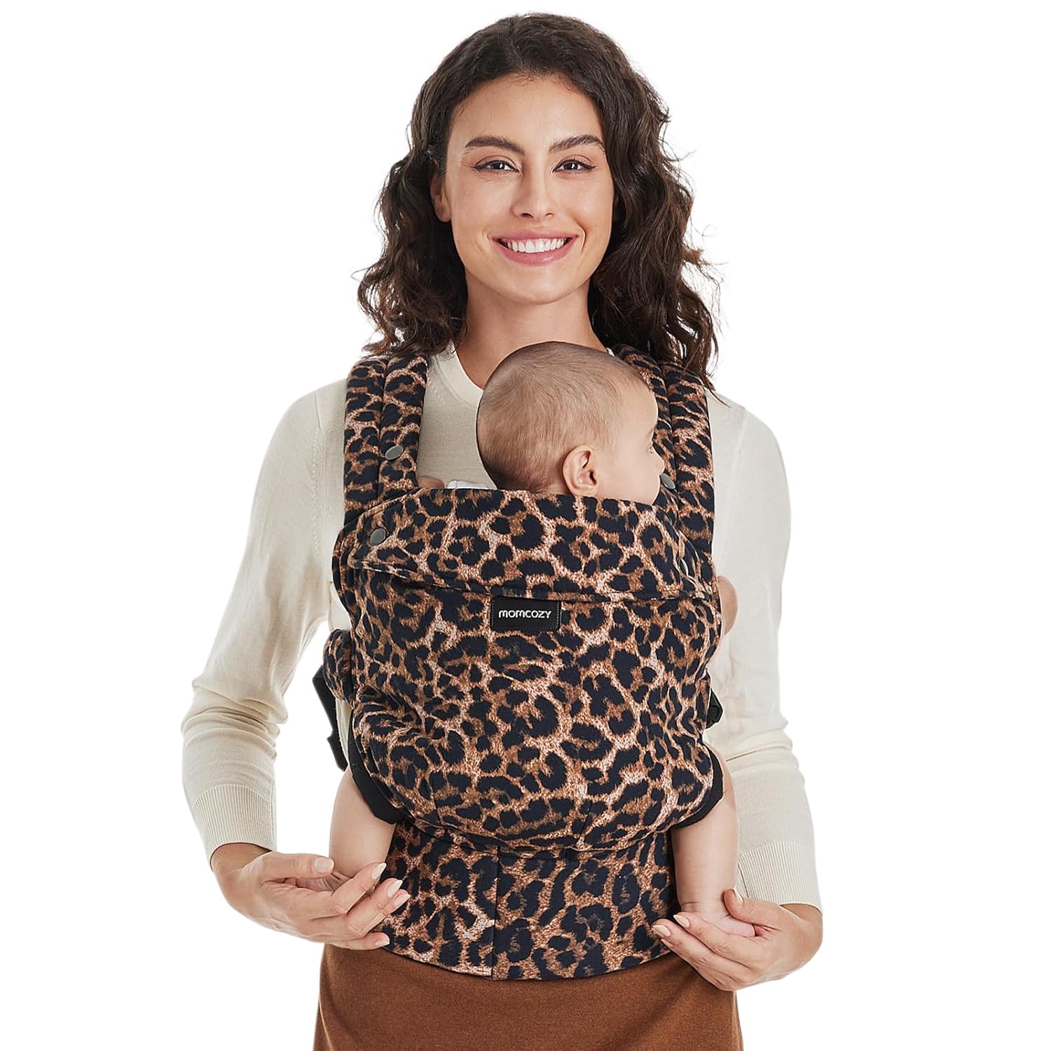 Momcozy Babytrage aus 100% Baumwolle mit ergonomischer M-Position & X-Rücken (3–24 Monate, 3,2–20 kg) – Leopard