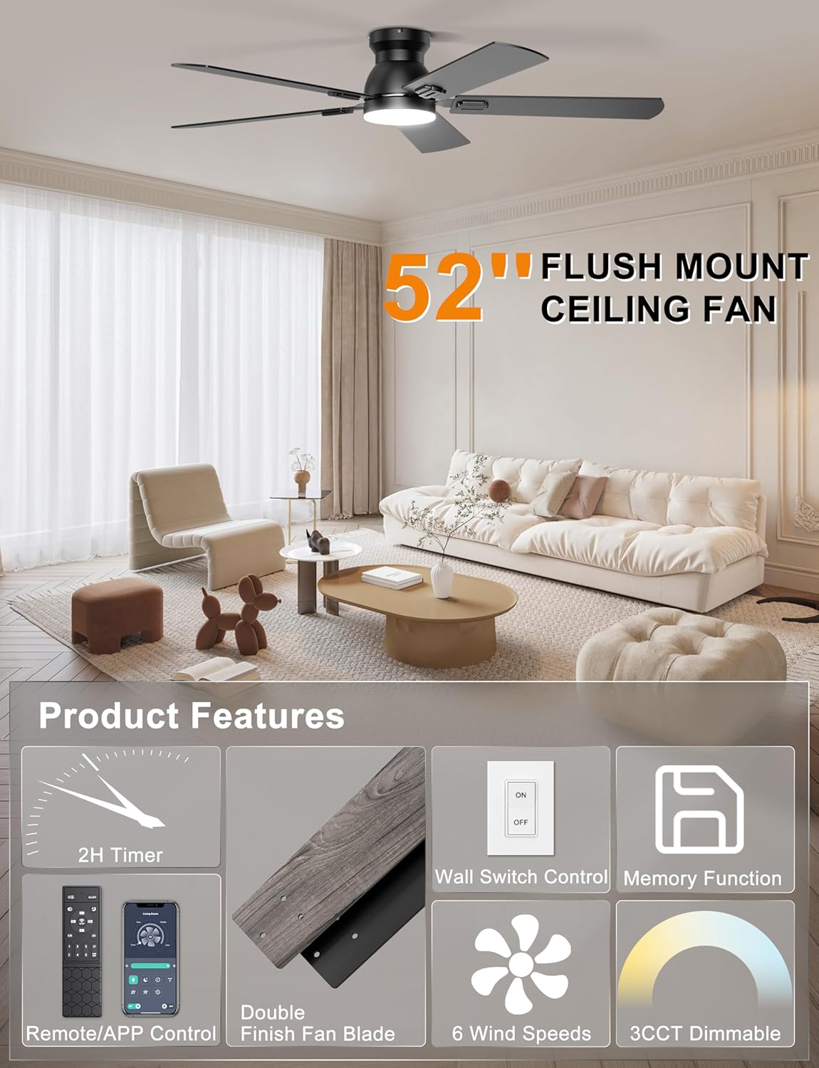 Detalle de Ohniyou 52-Inch Low Profile Ceiling Fan with Lights