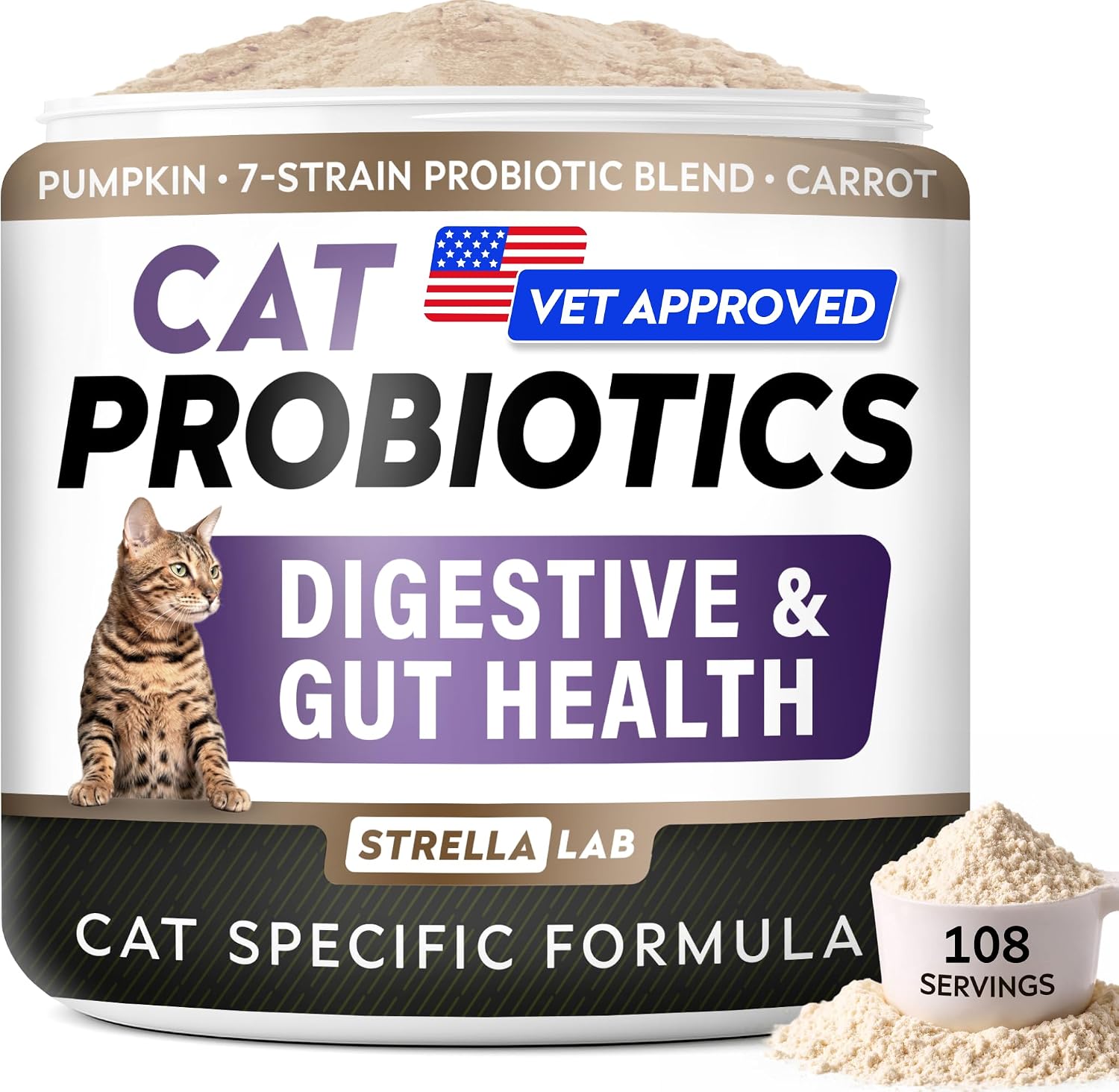 Detalle de STRELLALAB Cat Probiotics Powder, 108 Scoops, 3 Billion CFU
