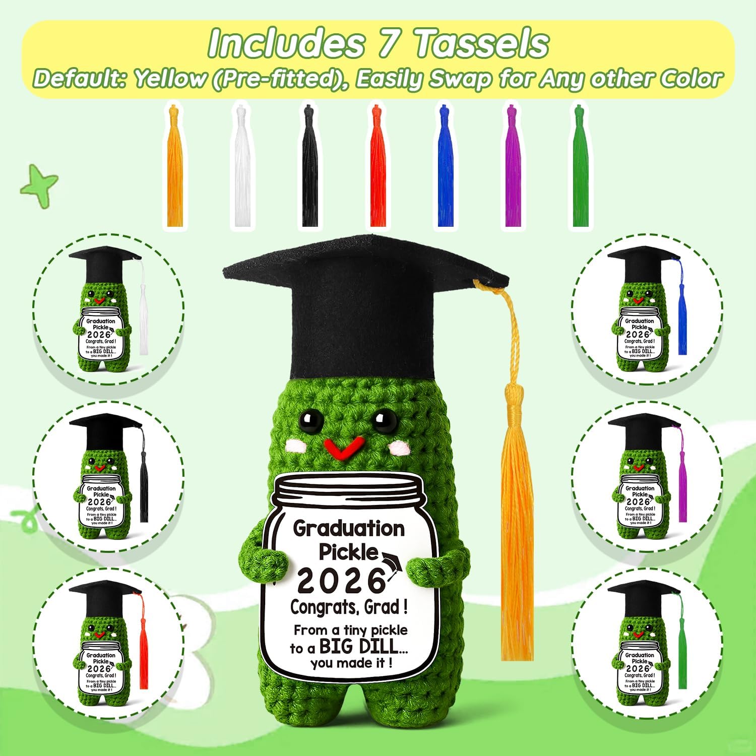 Thumbnail 3 de MAMAGIFTREE Graduation Pickle 2026 Handmade Crochet Grad Gift with Tassels and Congratulatory Card