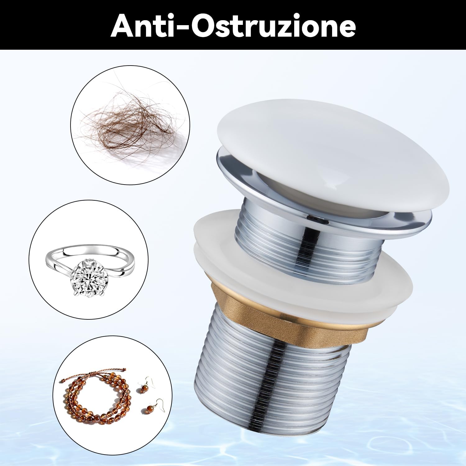 Thumbnail 3 de Ulytid Piletta Lavabo Bagno Senza Troppopieno con Copertura in Ceramica Bianca – Click Clack universale G1 1/4