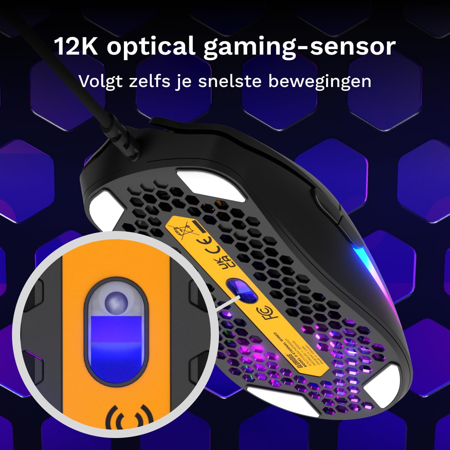 Detalle de GLORIOUS Model O Eternal GLO-OE-W-BLK bedrade gamingmuis, 55 g, 12K DPI, RGB