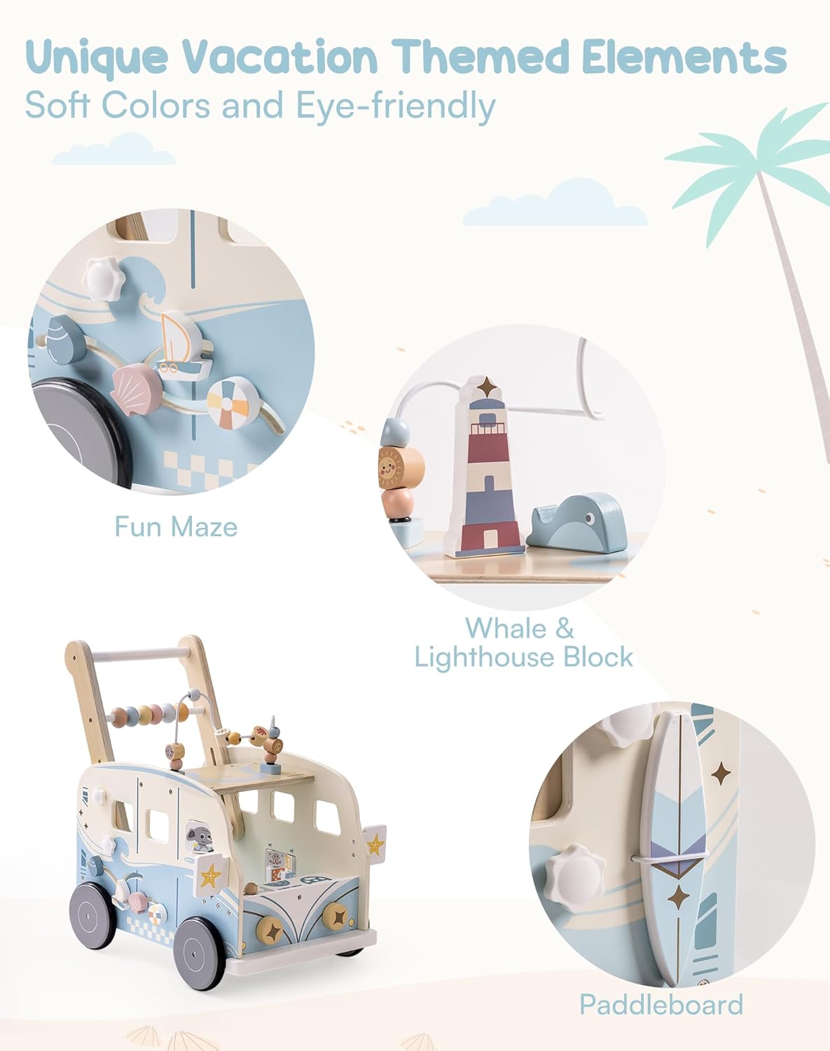 Thumbnail 4 de ROBOTIME Baby Lauflernwagen Holz – Montessori-Aktivitätscenter im Bus-Design für 10 Monate bis 1–2 Jahre