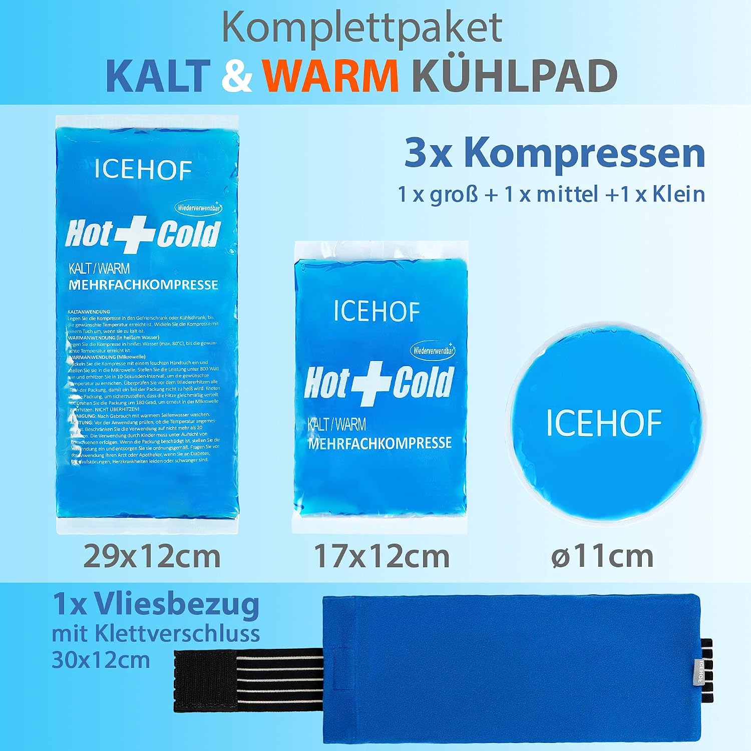 Thumbnail 1 de ICEHOF Kühlpads (3er-Set) mit Vlies-Hülle – vielseitige Kühl- und Wärmekompresse inklusive Klettband